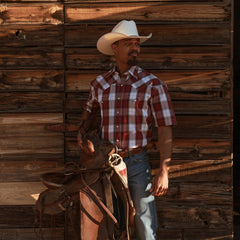 Shadow Plaid Short Sleeve Western Shirt Wine | Stetson Men
