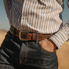 Pebble Leather Basket Weave Tabs Belt Natural/Brown | Stetson Men