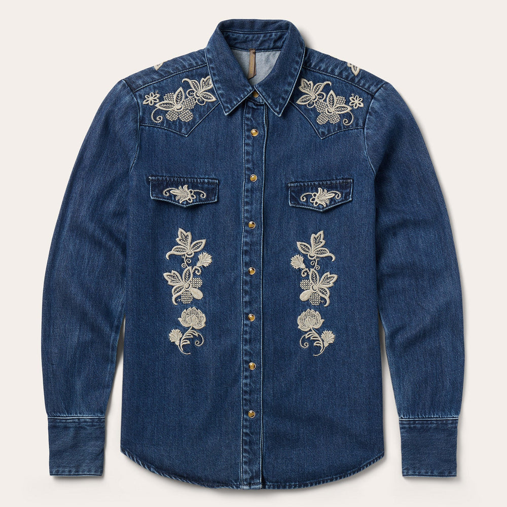 Floral Embroidered Dark Denim Shirt Blue | Stetson Women