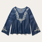 Embroidered Denim Peasant Blouse Blue | Stetson Women