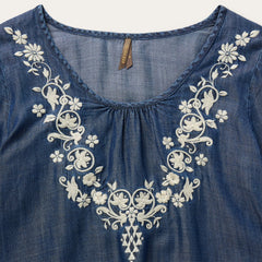 Embroidered Denim Peasant Blouse Blue | Stetson Women