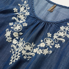 Embroidered Denim Peasant Blouse Blue | Stetson Women