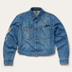 Embroidered Denim Button-Up Cropped Shirt Blue | Stetson Women