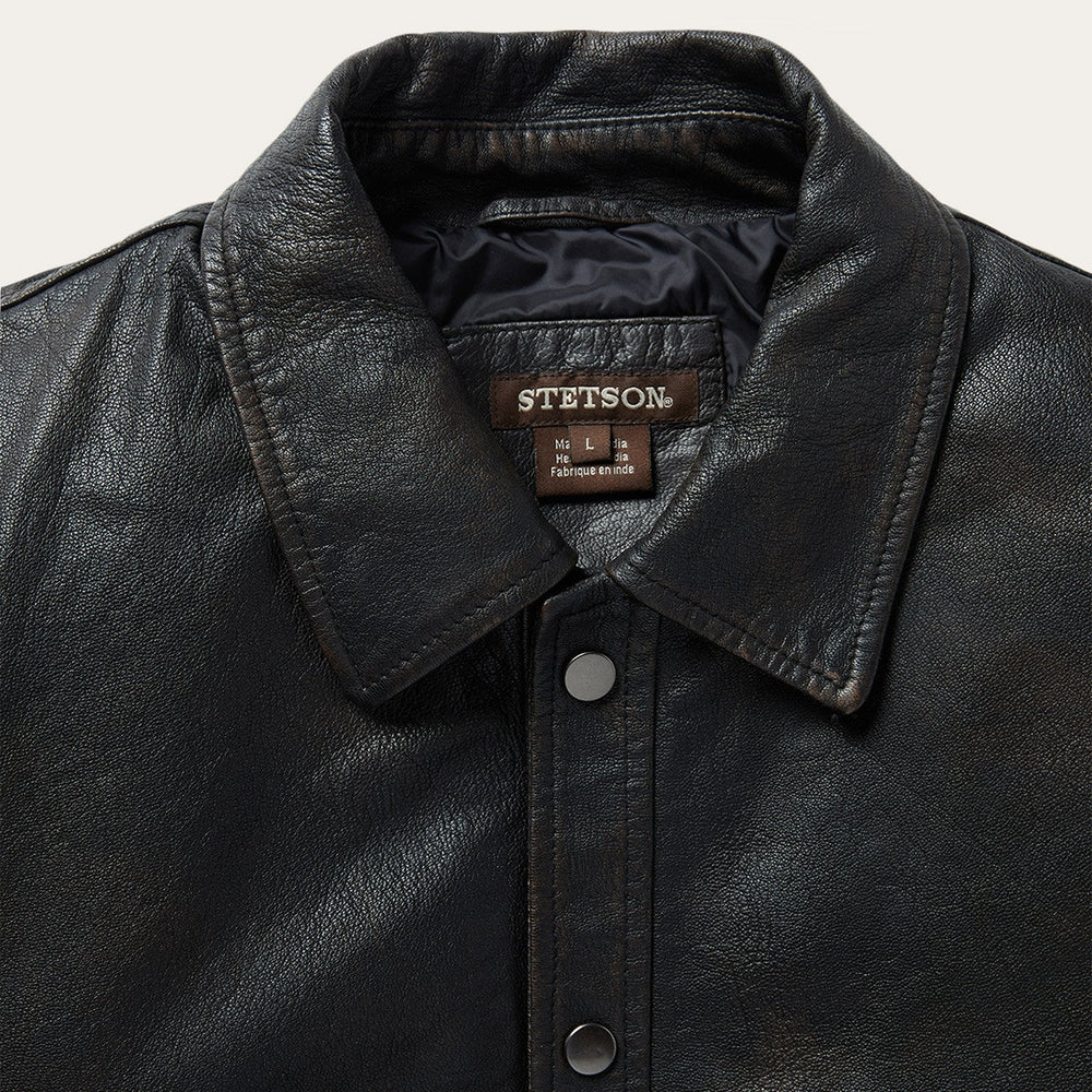 Snap Front Leather Jacket Brown | Stetson Men