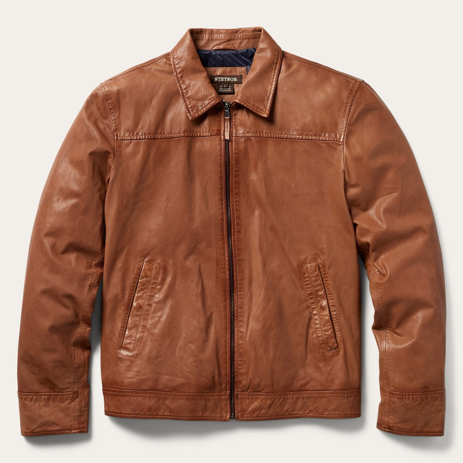 Zip-Front Lightweight Leather Jacket Brown | Stetson Men