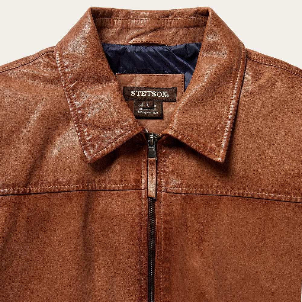 Zip-Front Lightweight Leather Jacket Brown | Stetson Men