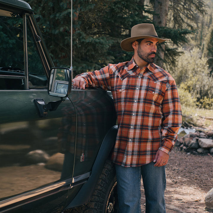 Brushed Twill Plaid Shirt Orange | Stetson Men