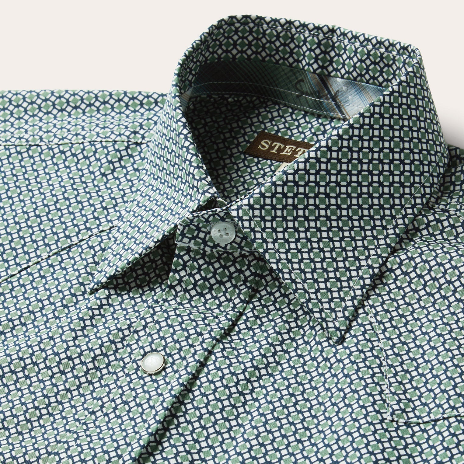 Circle Diamond Print Short Sleeve Western Shirt Green | Stetson Men