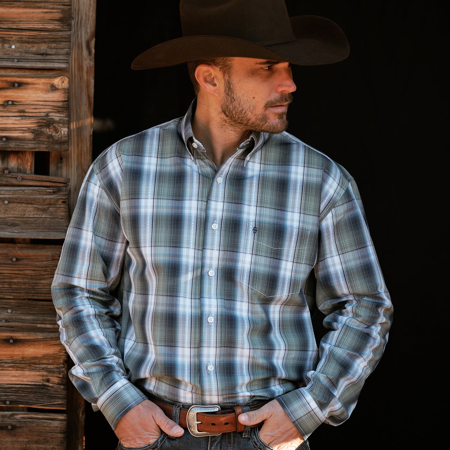 Lucky Diamond Plaid Button Front Shirt Green | Stetson Men