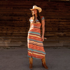 Sunset Serape Print Rayon Herringbone Wrap Front Dress Multi | Stetson Women