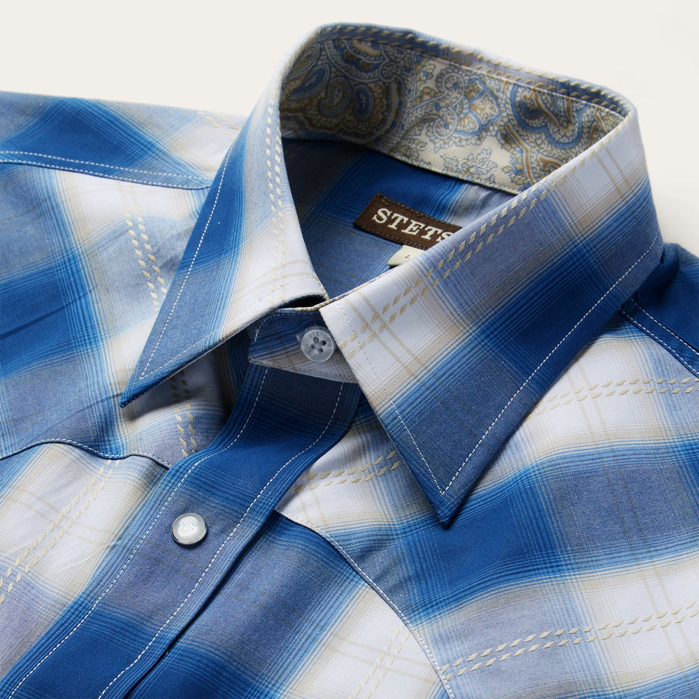Navy Gold Ombre Plaid Western Shirt Blue | Stetson Men