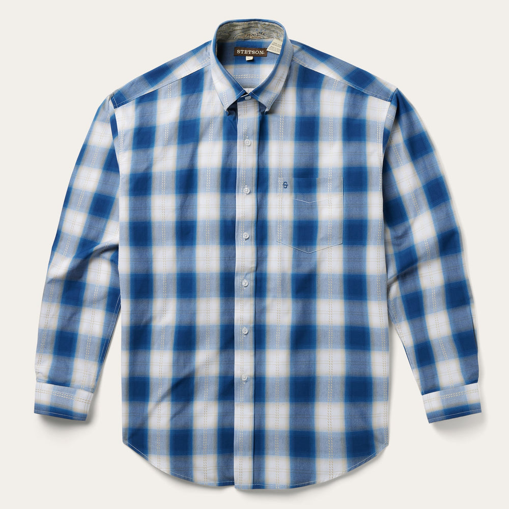 Navy Gold Ombre Plaid Short Sleeve Western Shirt Blue | Stetson Men