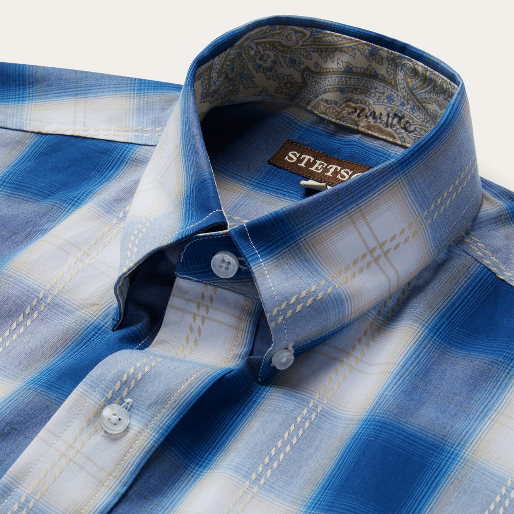 Navy Gold Ombre Plaid Short Sleeve Western Shirt Blue | Stetson Men