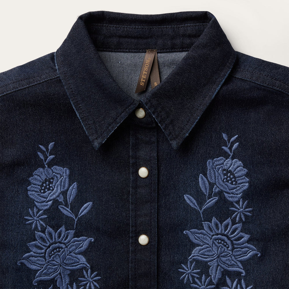 Embroidered Dark Denim Snap Front Shirt Blue | Stetson Women