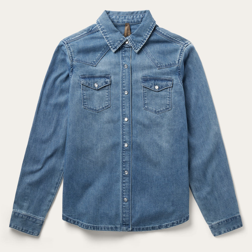 Embroidered Boyfriend Fit Denim Shirt Blue | Stetson Women