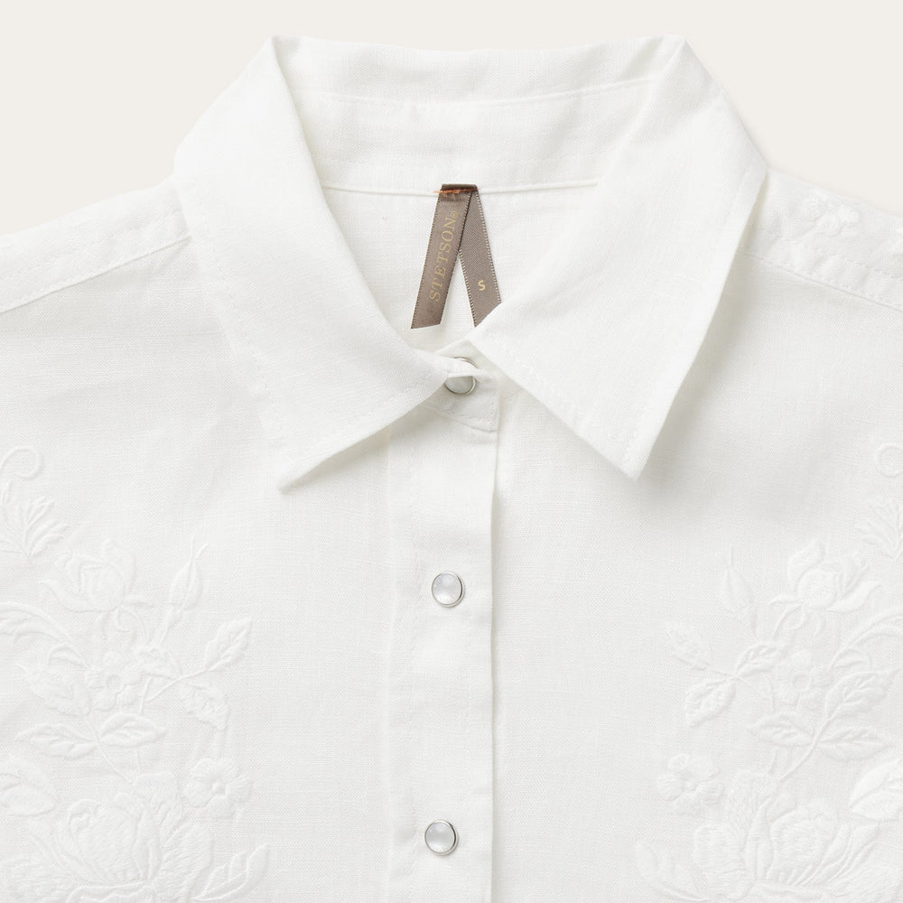 Floral Embroidered White Linen Shirt White | Stetson Women