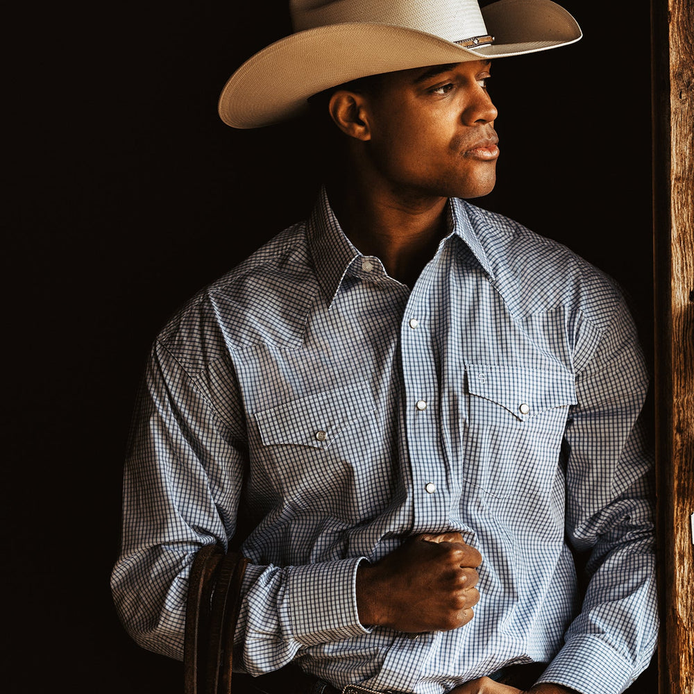 Two Stripe Check Western Shirt Blue | Stetson Men