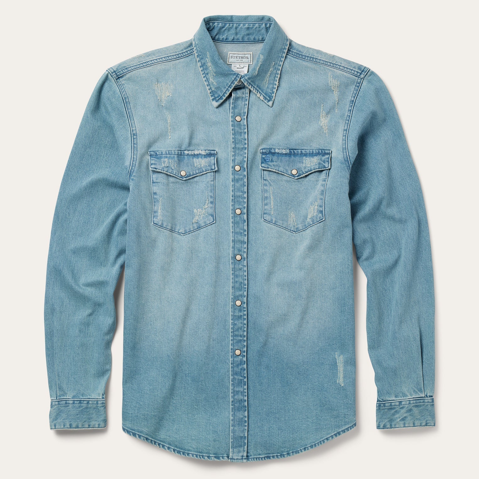 Distressed Denim Western Shirt Blue | Stetson Men