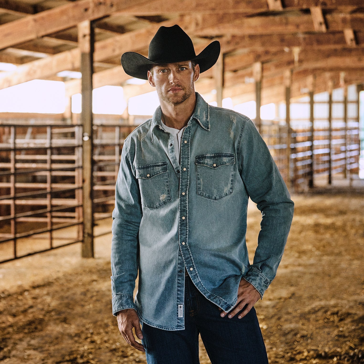 Distressed Denim Western Shirt Blue | Stetson Men