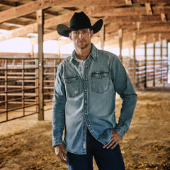 Distressed Denim Western Shirt Blue | Stetson Men