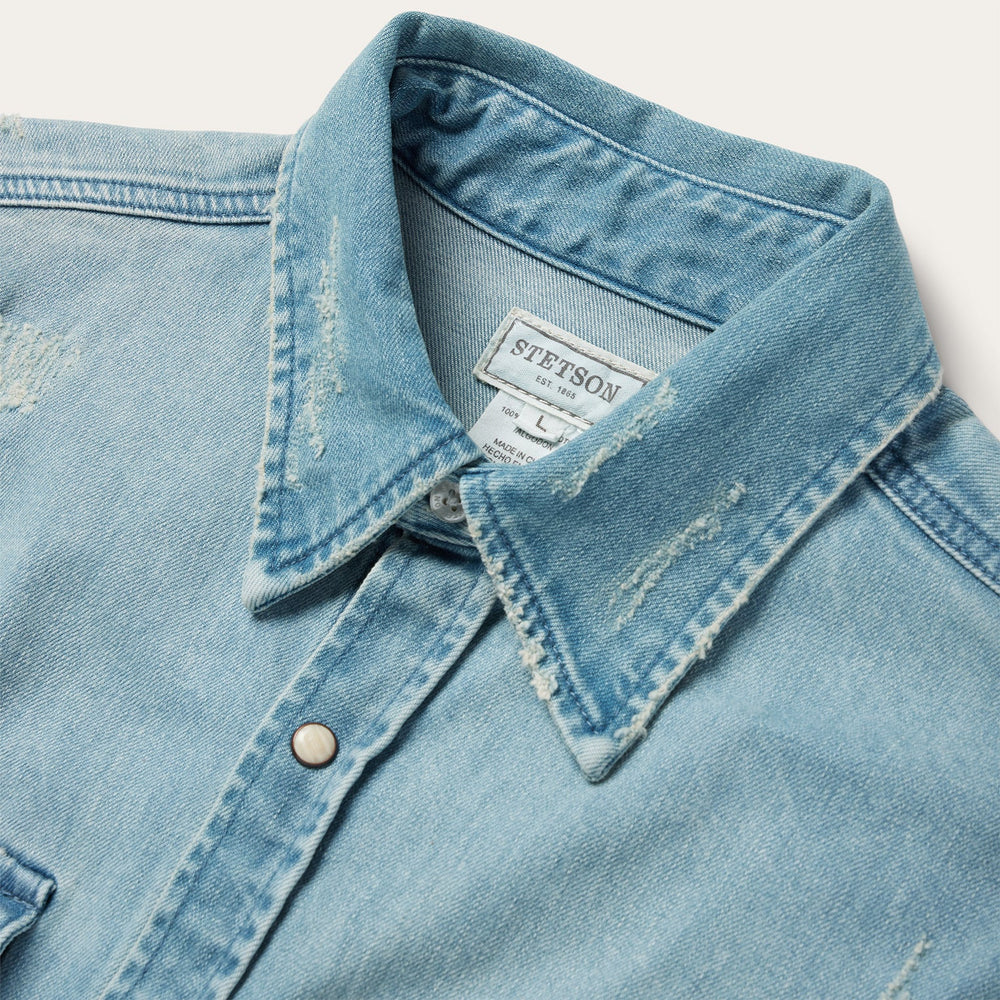 Distressed Denim Western Shirt Blue | Stetson Men