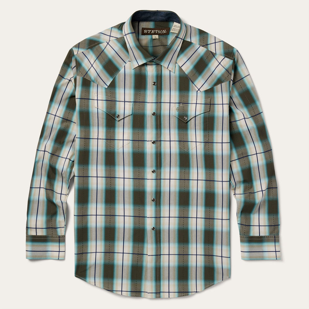 Olive Ombre Plaid Western Shirt Green | Stetson Men