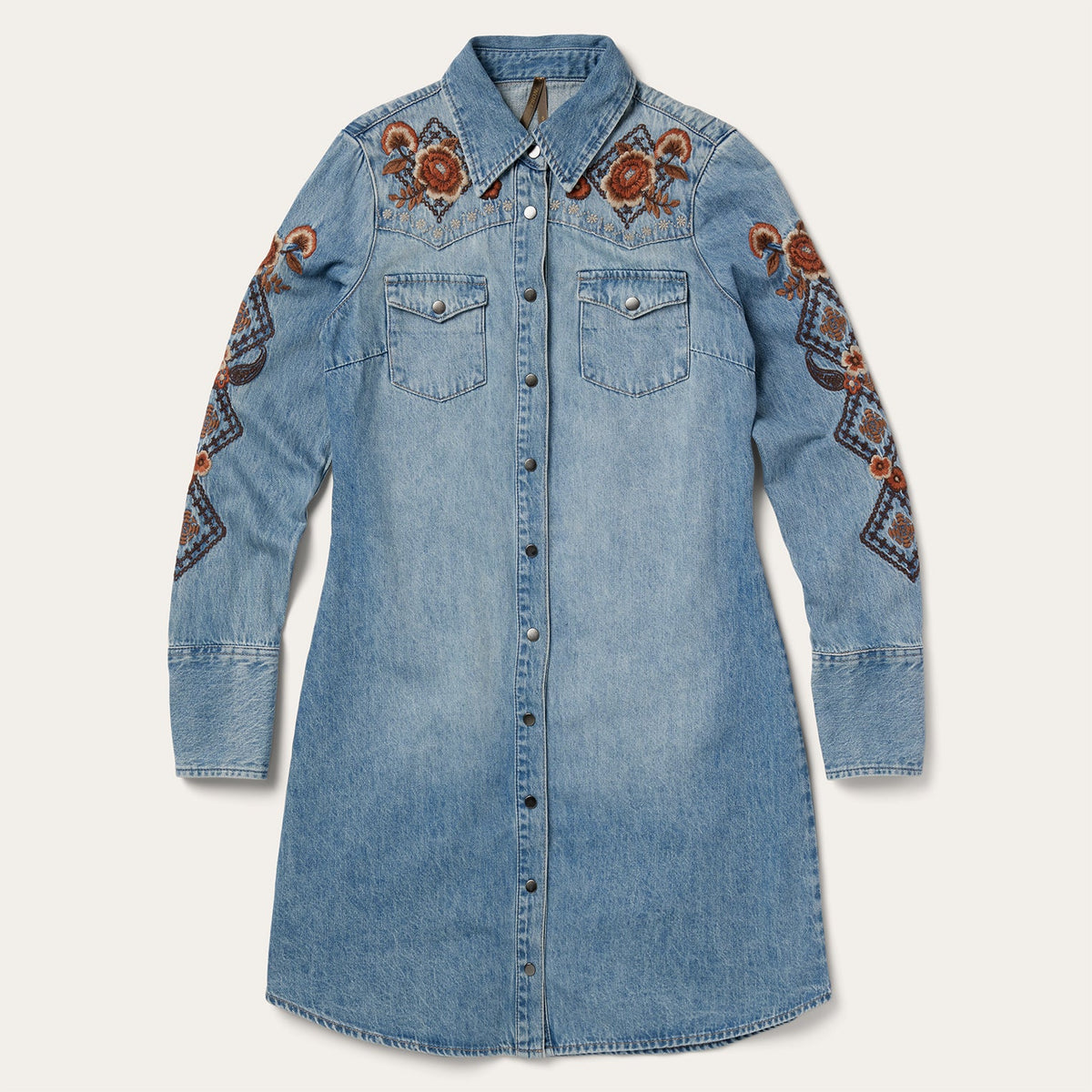 Floral Embroidered Denim Shirt Dress Blue | Stetson Women