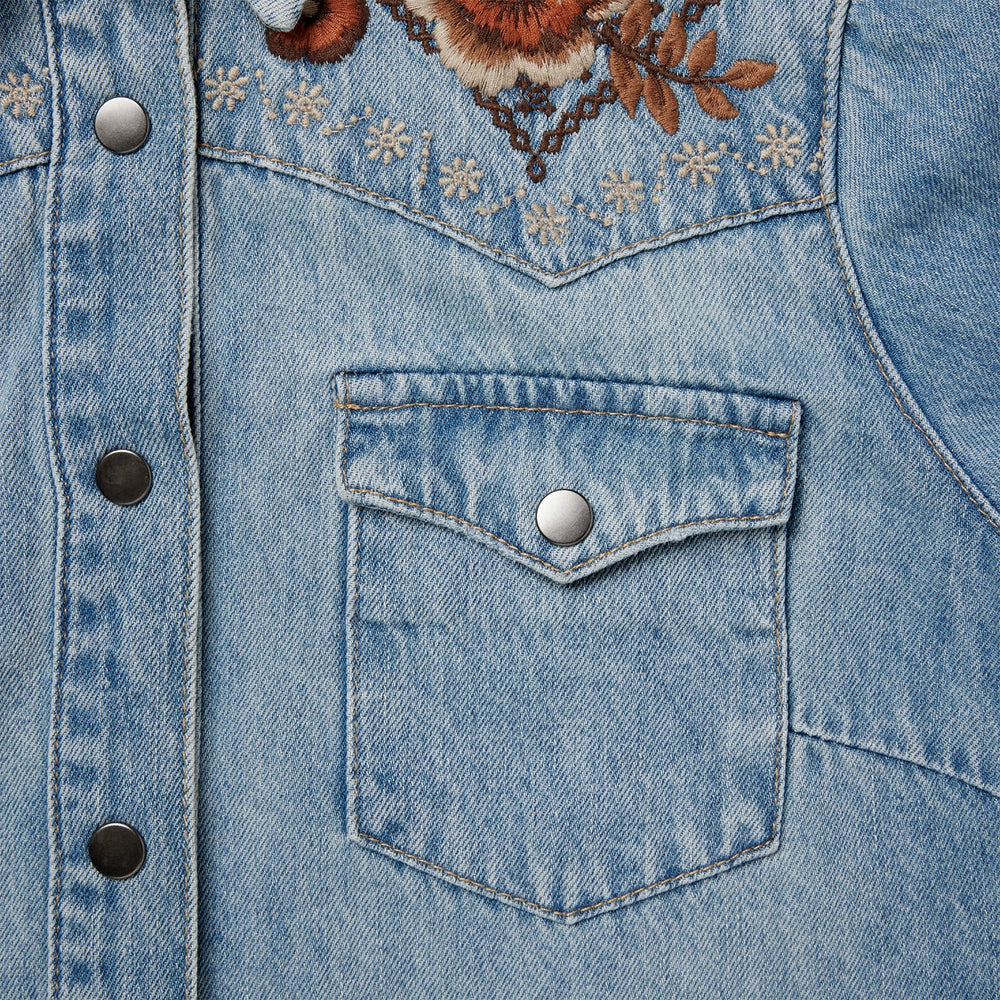 Floral Embroidered Denim Shirt Dress Blue | Stetson Women