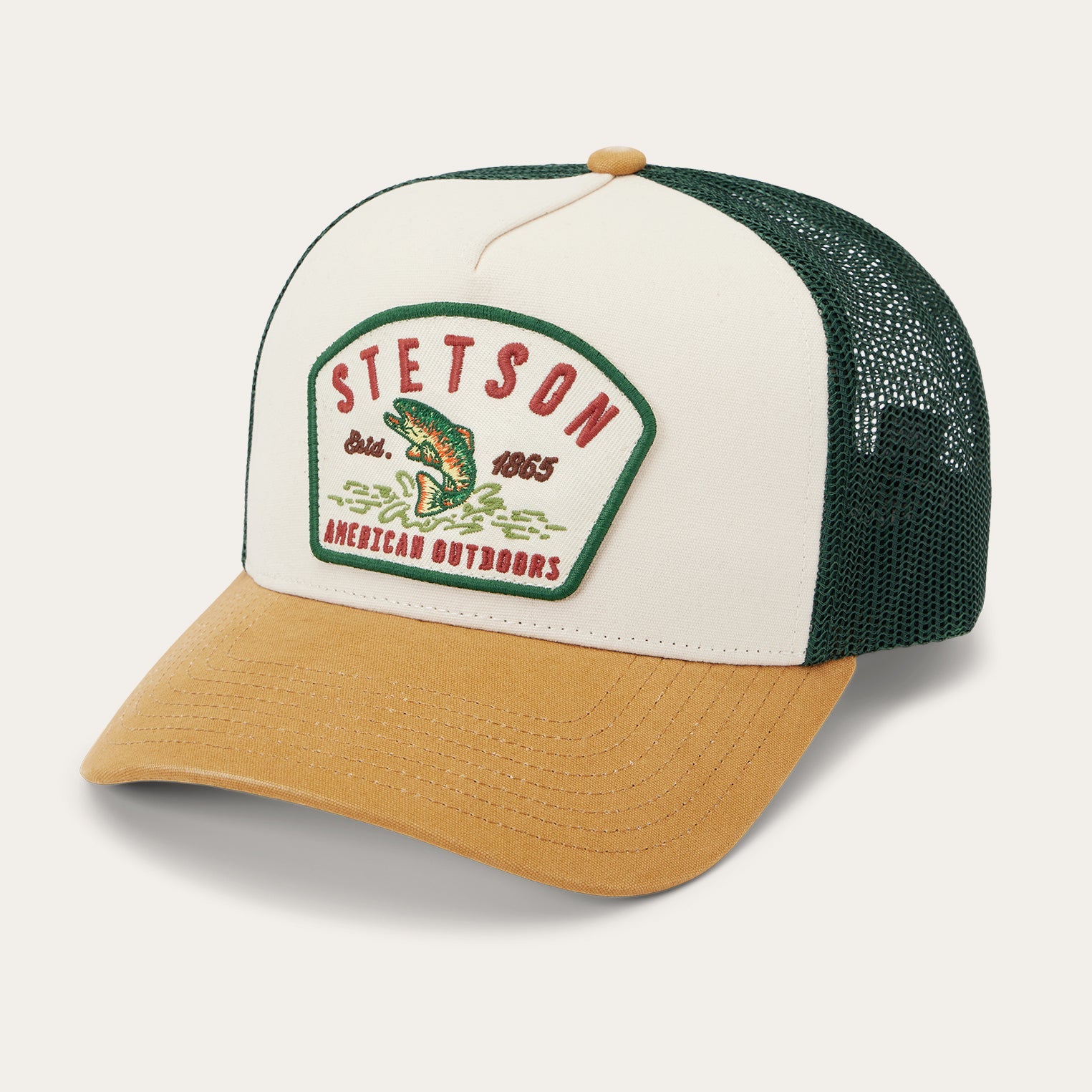 Fishing Patch Trucker Cap Off White / Tan / Green | Stetson Hats