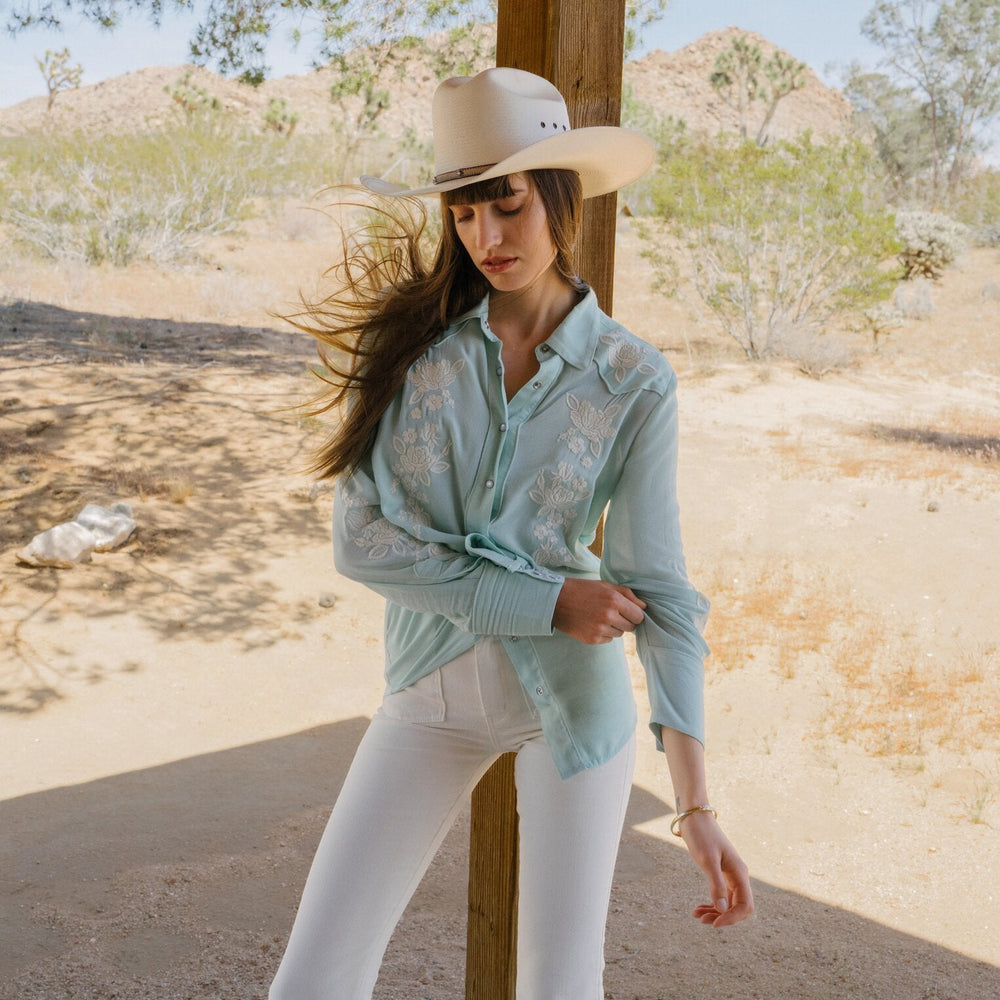Aqua Crepe Western Shirt Blue | Stetson Women