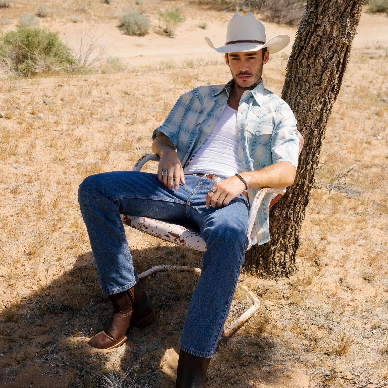 Ombre Plaid Short Sleeve Western Shirt Blue | Stetson Men