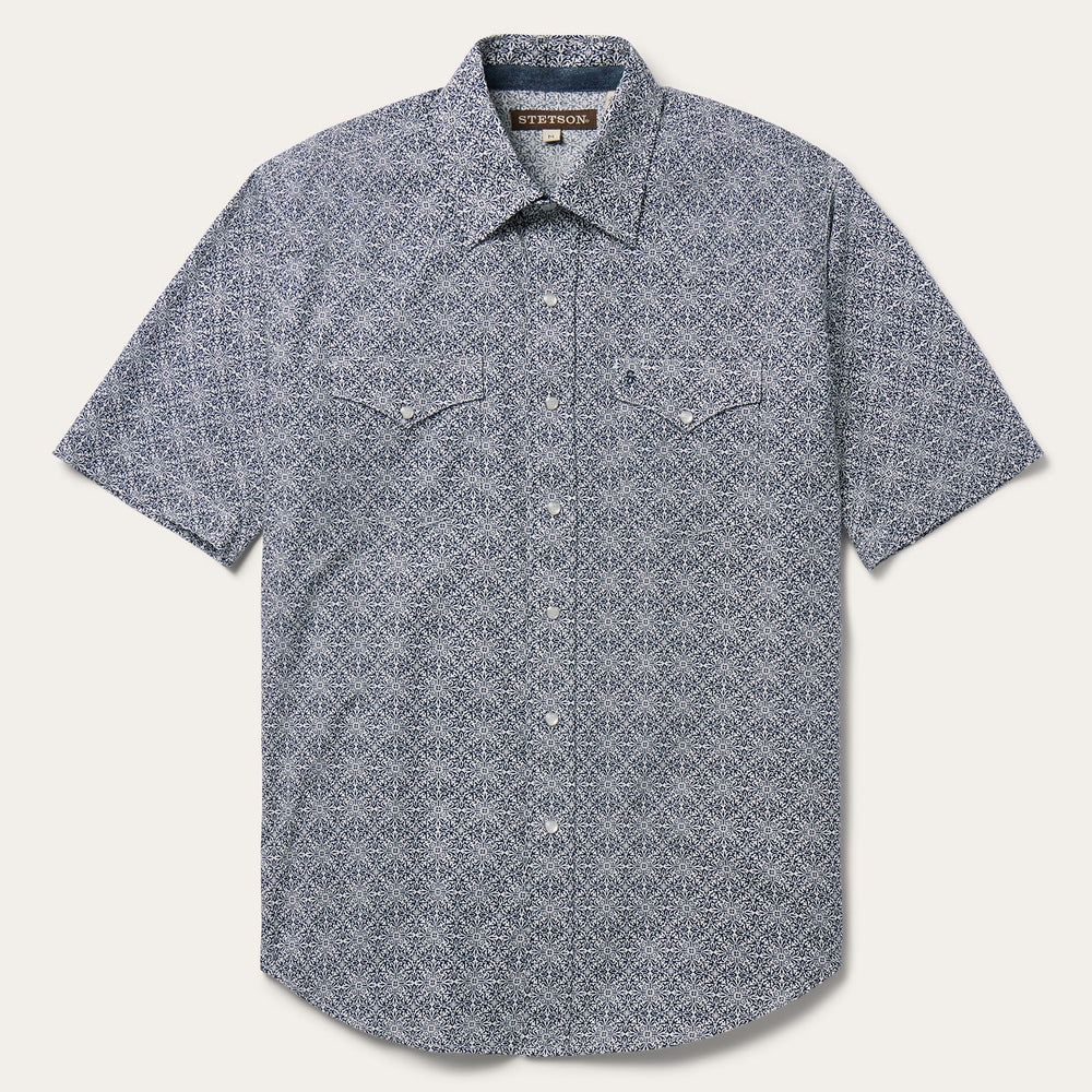 Navy Print Short Sleeve Western Shirt Blue | Stetson Men