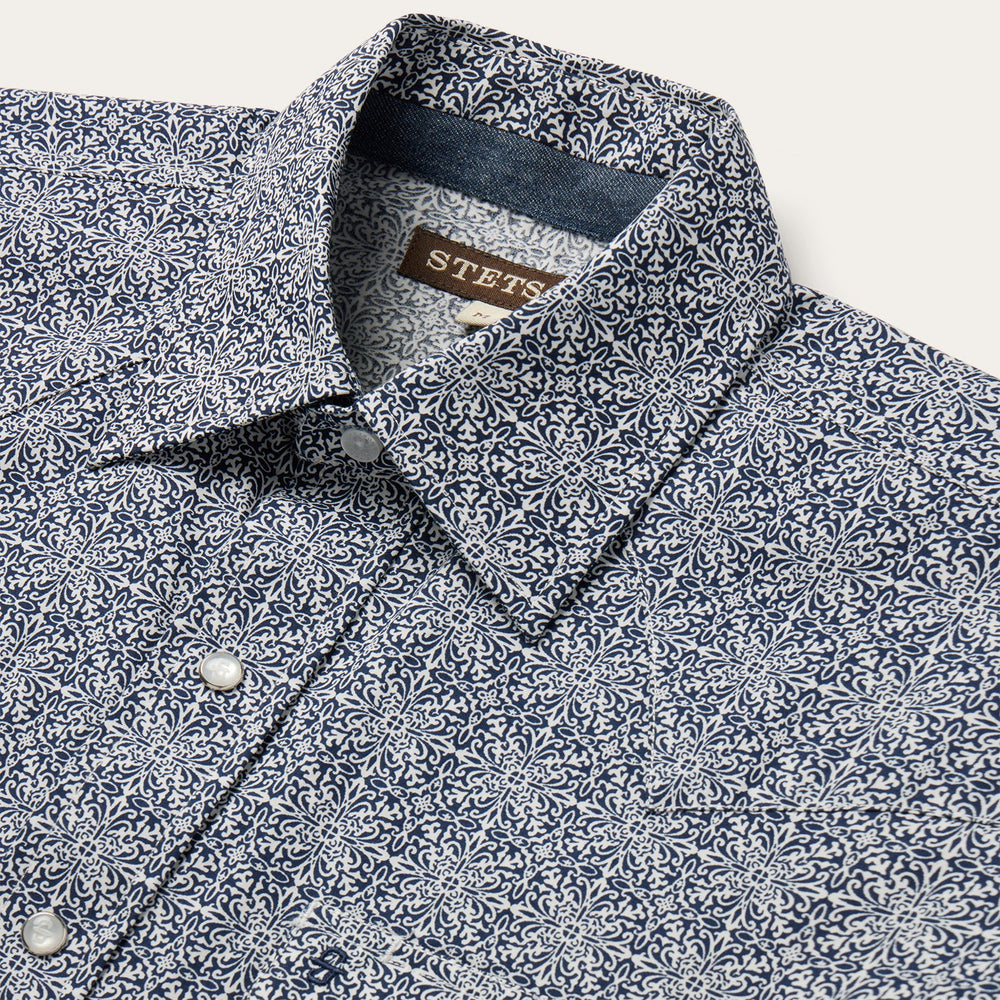 Navy Print Short Sleeve Western Shirt Blue | Stetson Men