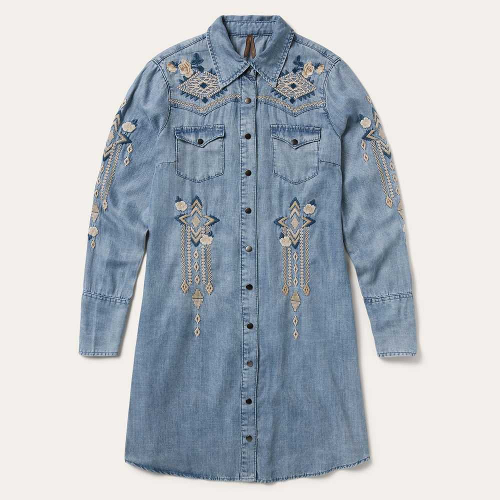 Embroidered Denim Twill Shirt Dress Blue | Stetson Women