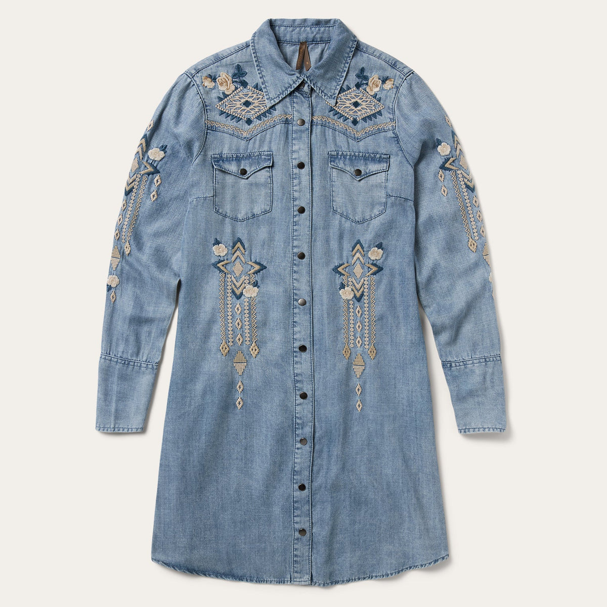 Embroidered Denim Twill Shirt Dress Blue | Stetson Women