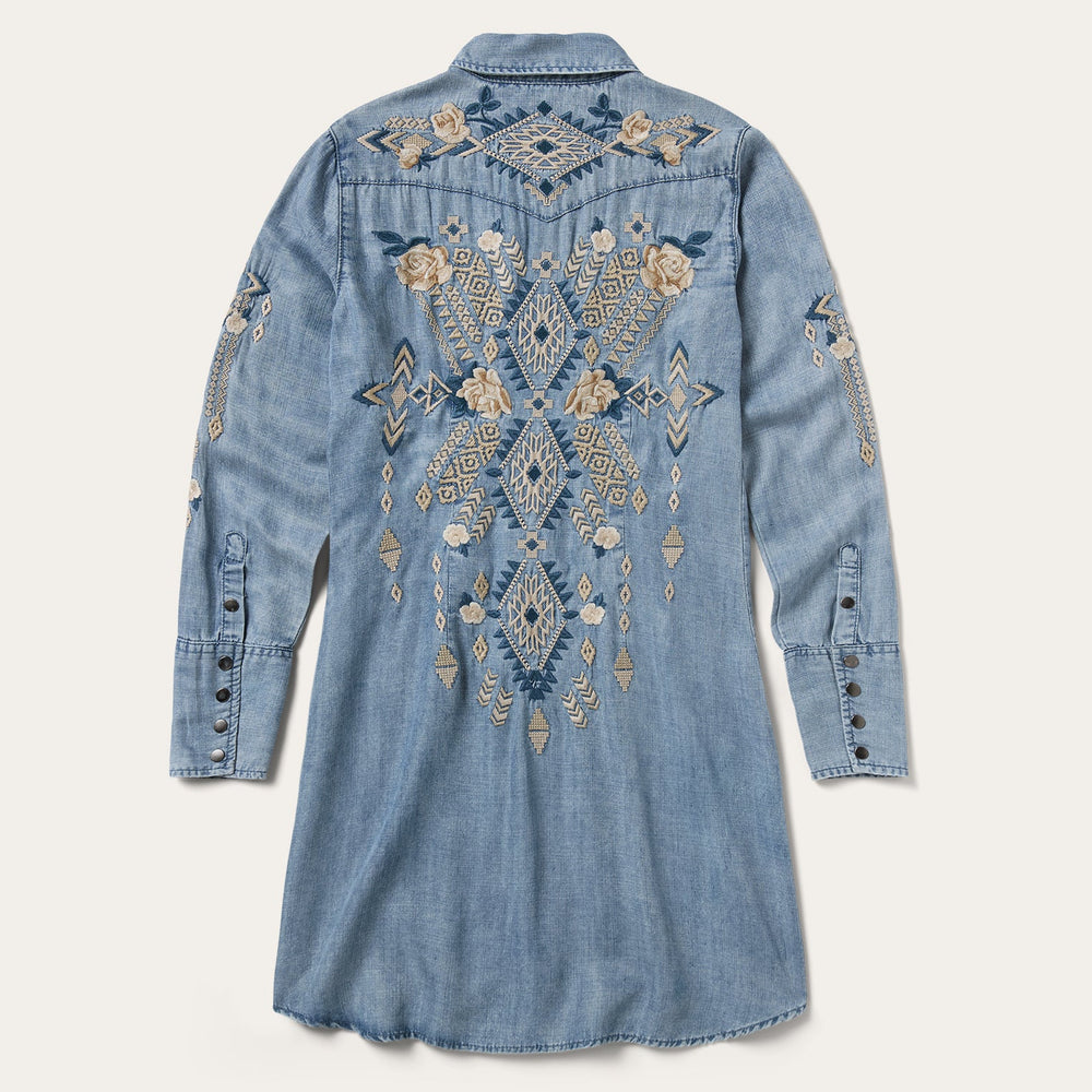 Embroidered Denim Twill Shirt Dress Blue | Stetson Women