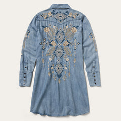 Embroidered Denim Twill Shirt Dress Blue | Stetson Women