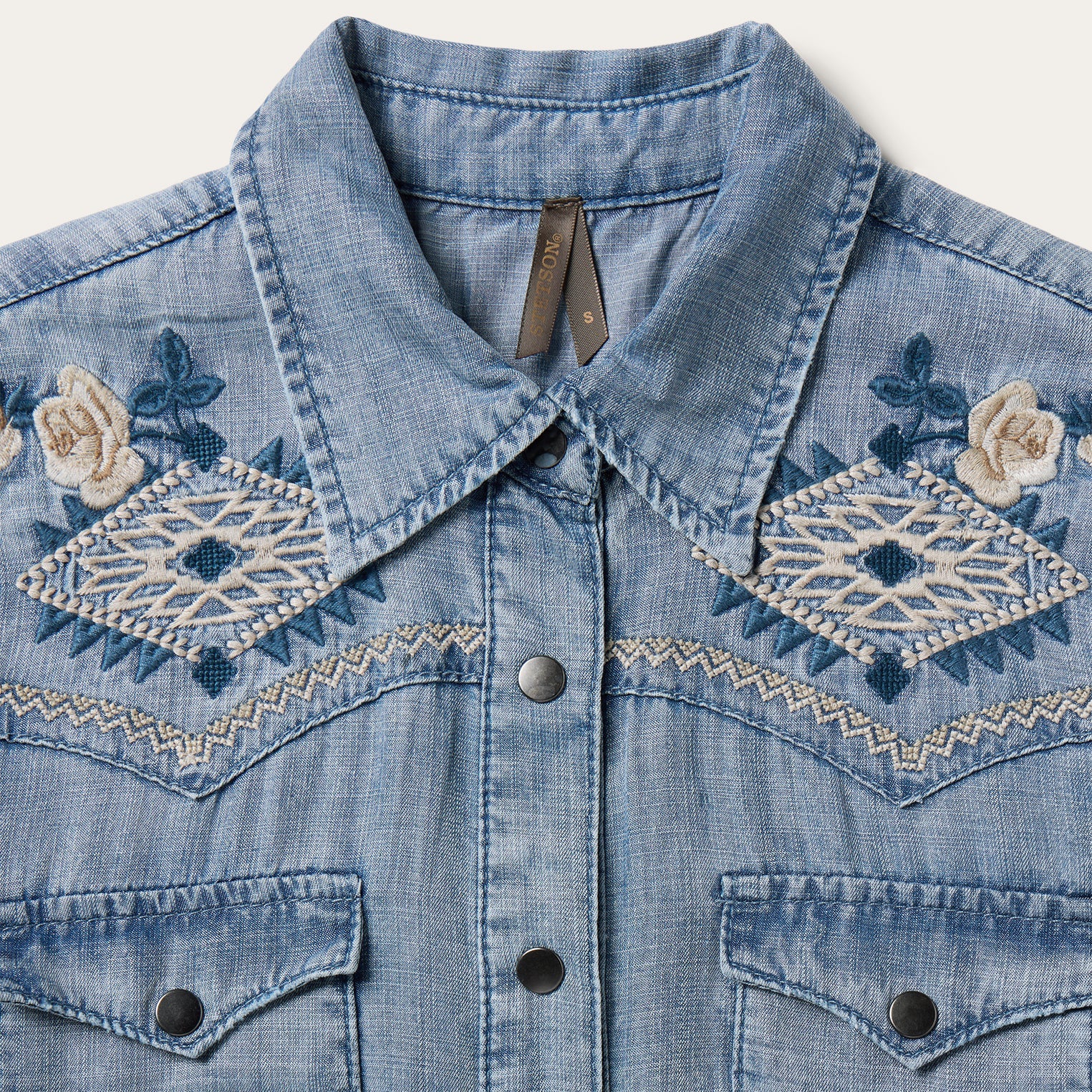 Embroidered Denim Twill Shirt Dress Blue | Stetson Women