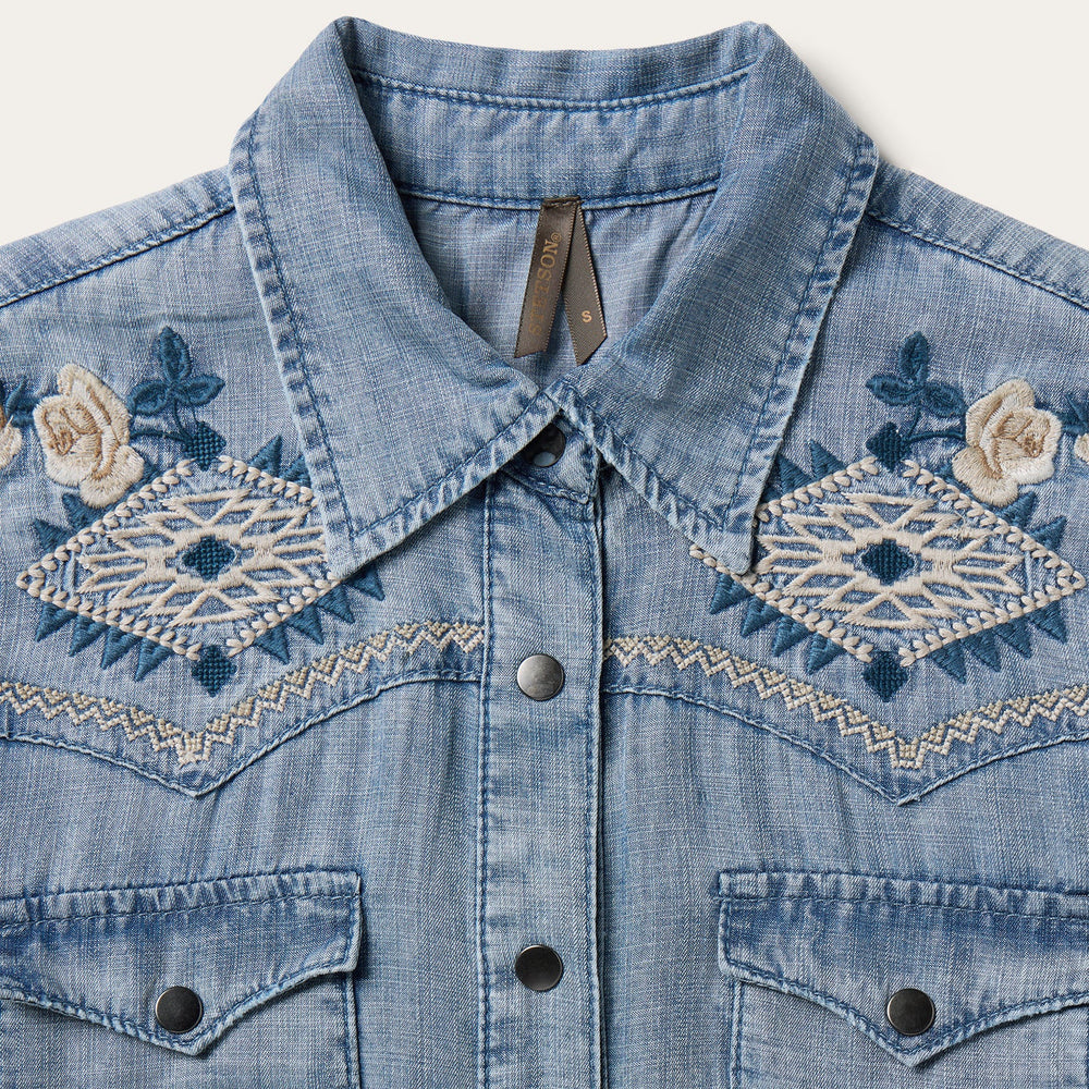 Embroidered Denim Twill Shirt Dress Blue | Stetson Women