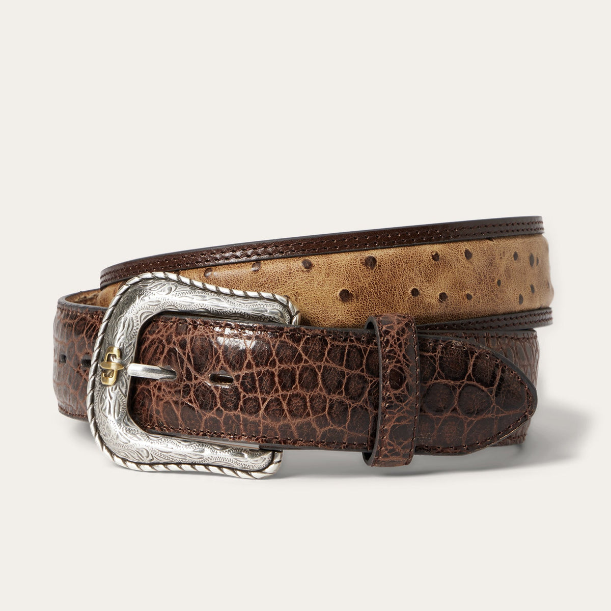 Ostrich Print Croco Embossed Western Tabs Belt Cognac/California Nut | Stetson Men