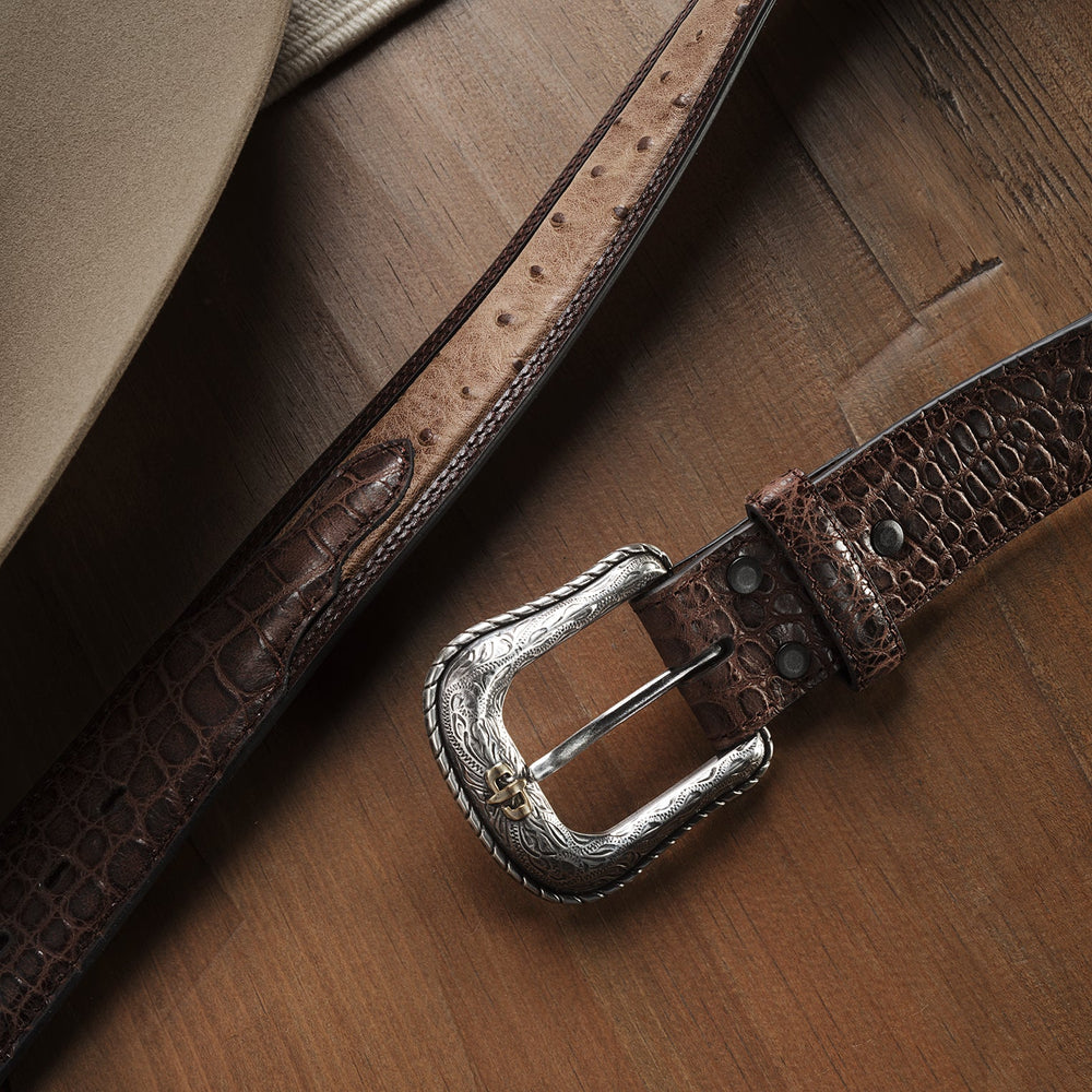 Ostrich Print Croco Embossed Western Tabs Belt Cognac/California Nut | Stetson Men