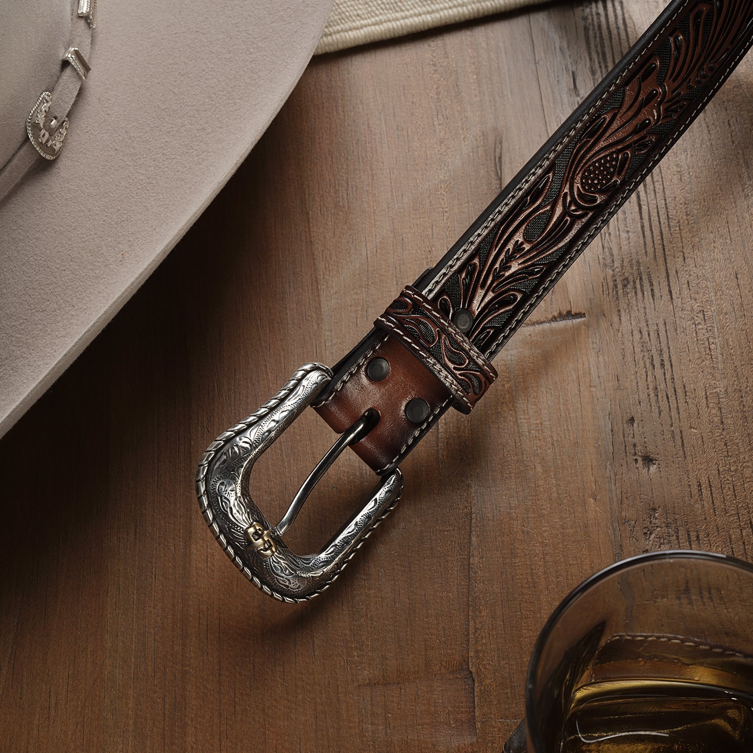 Tooled Belt Dark Brown | Stetson Men