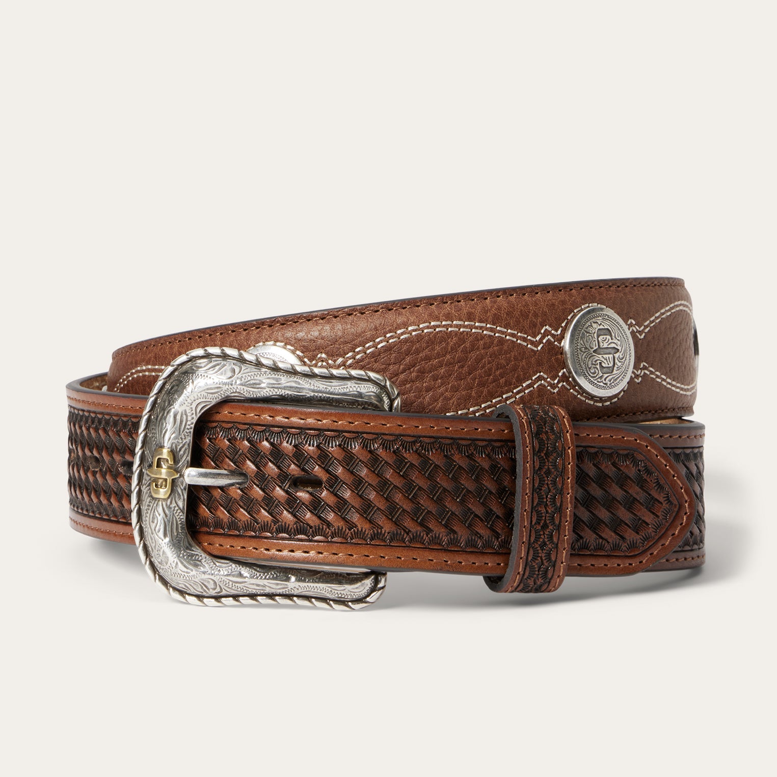 Pebble Leather Basket Weave Tabs Belt Natural/Brown | Stetson Men
