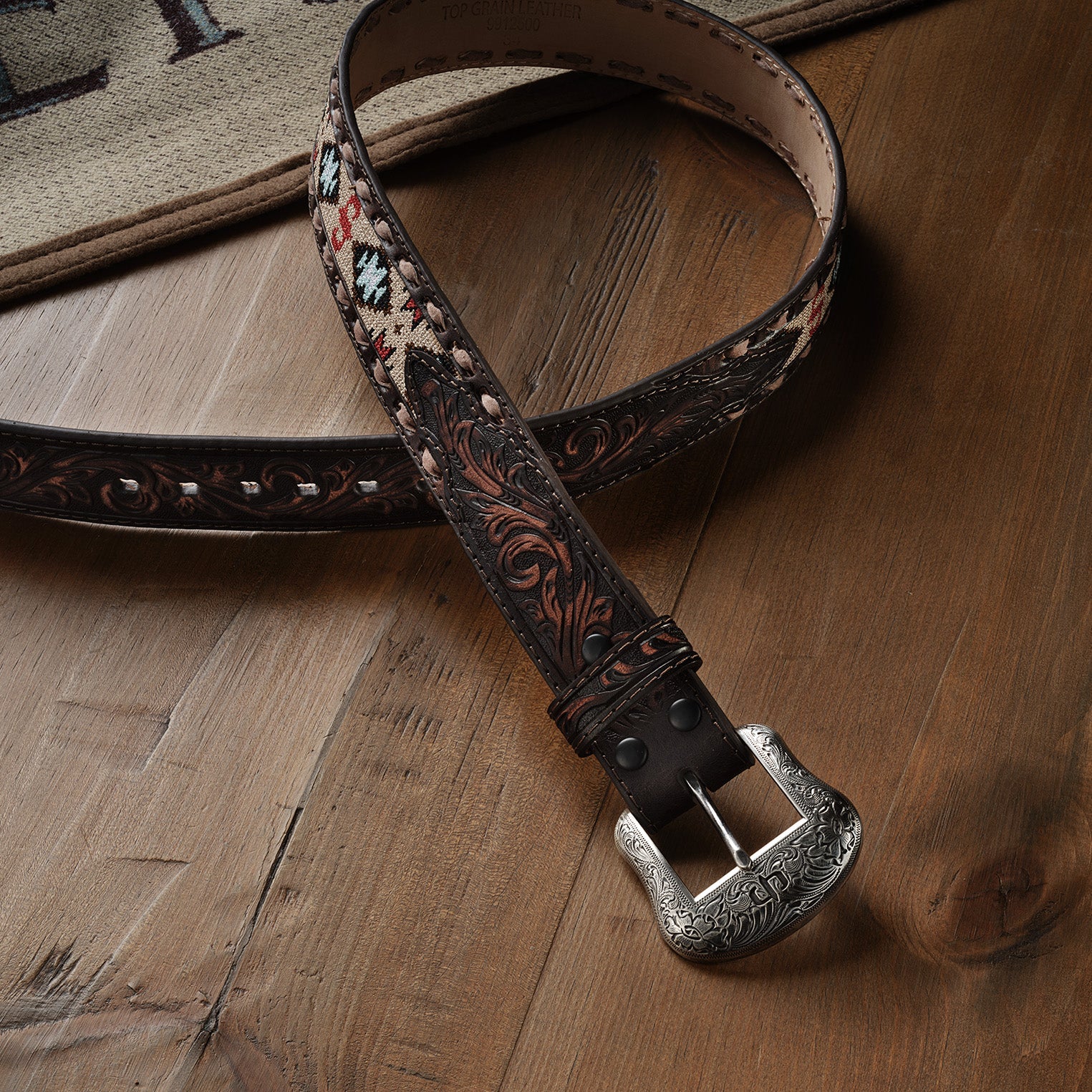 Embroidered Tooled Tab Belt Vintage Brown | Stetson Men