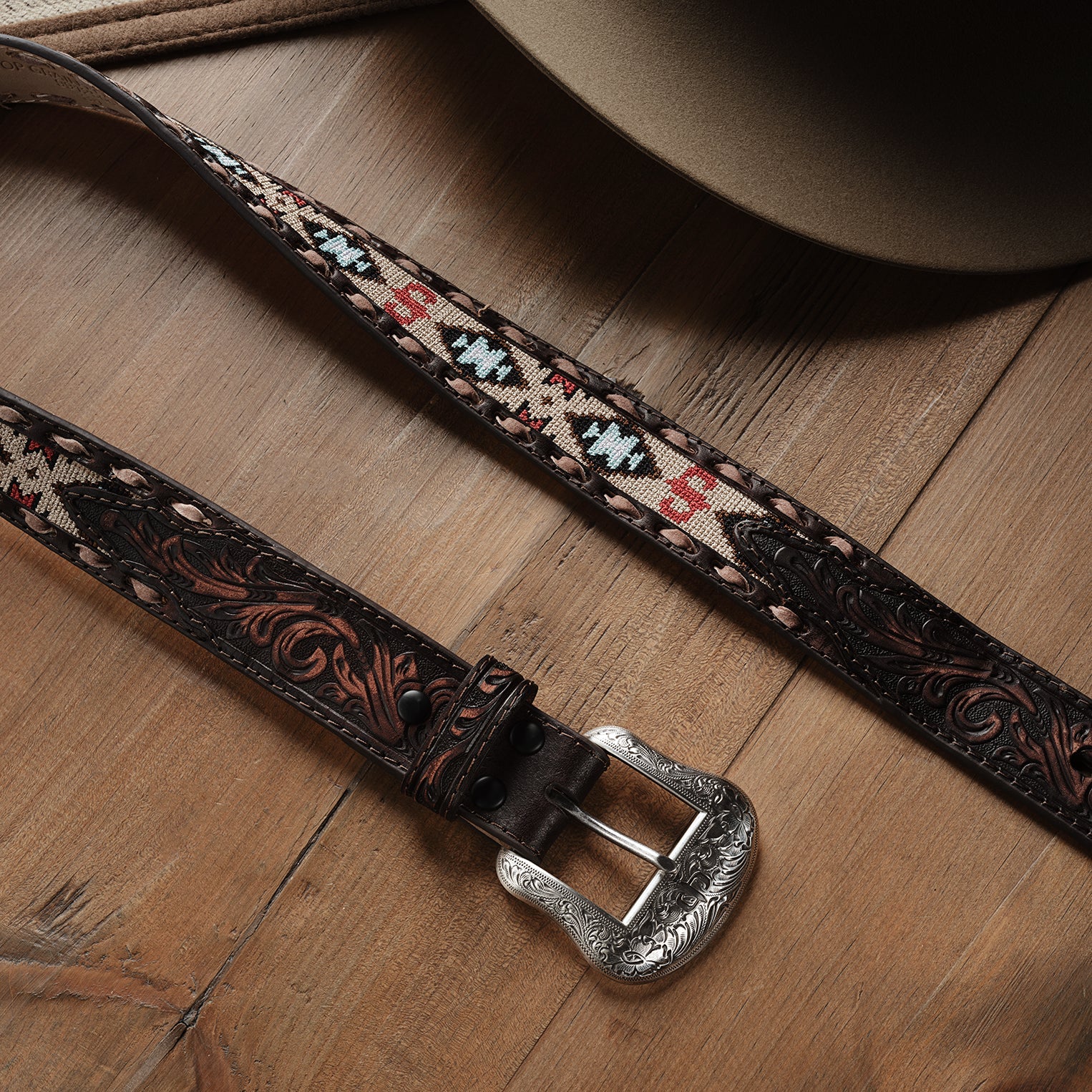 Embroidered Tooled Tab Belt Vintage Brown | Stetson Men