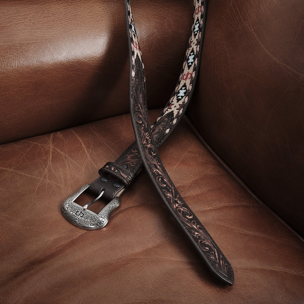 Embroidered Tooled Tab Belt Vintage Brown | Stetson Men