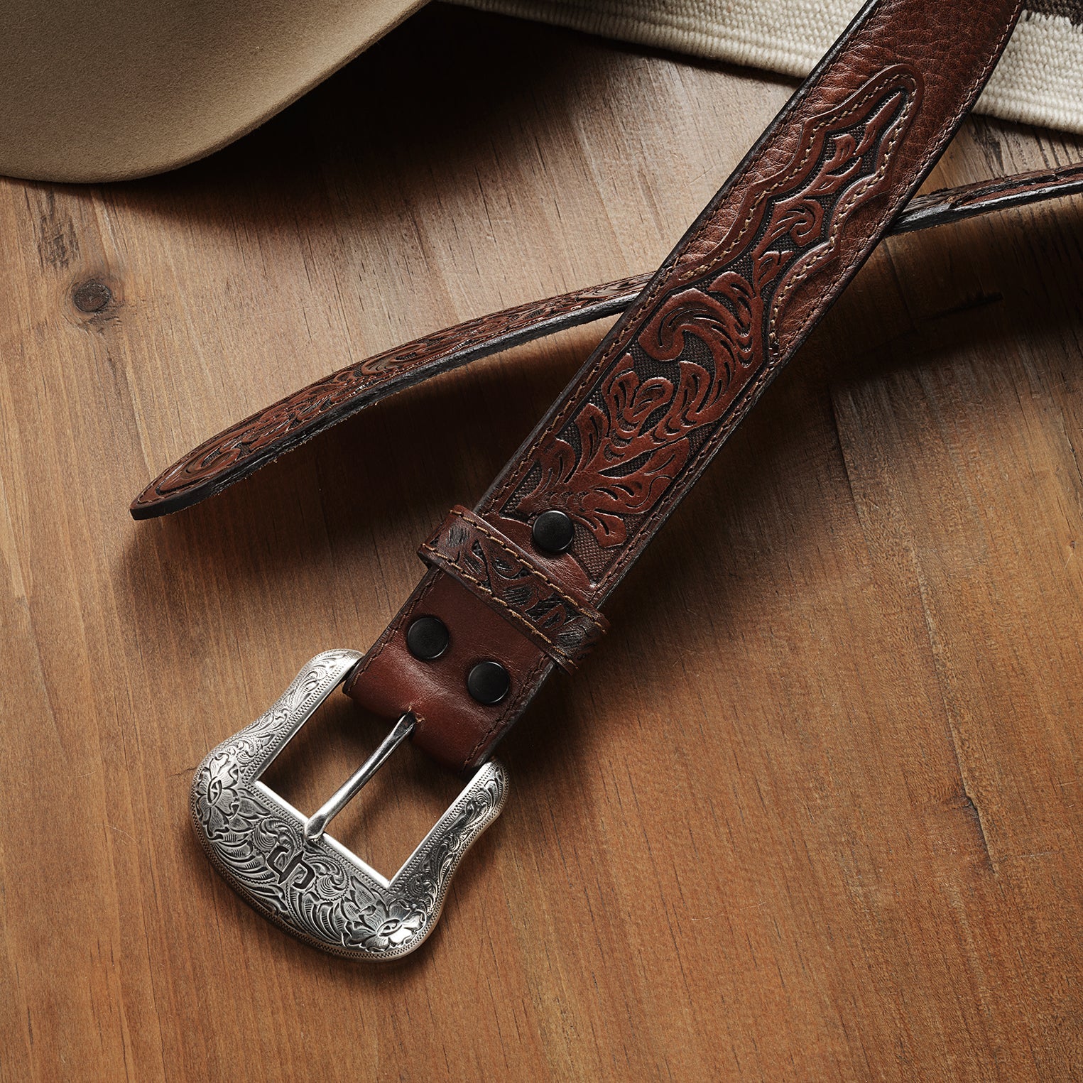 Bison Leather Tooled Tab Belt Hazelnut Bison | Stetson Men