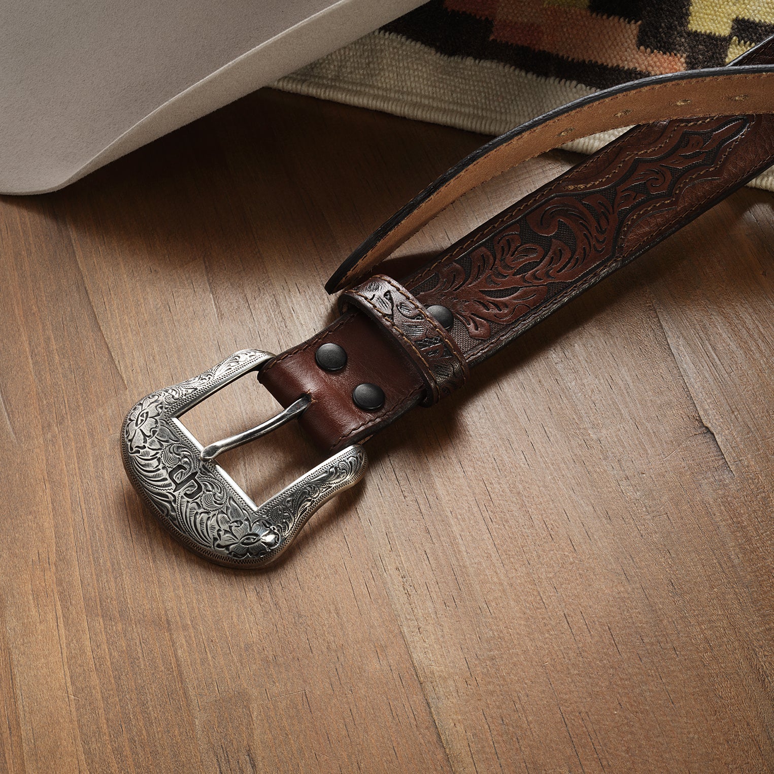 Bison Leather Tooled Tab Belt Hazelnut Bison | Stetson Men