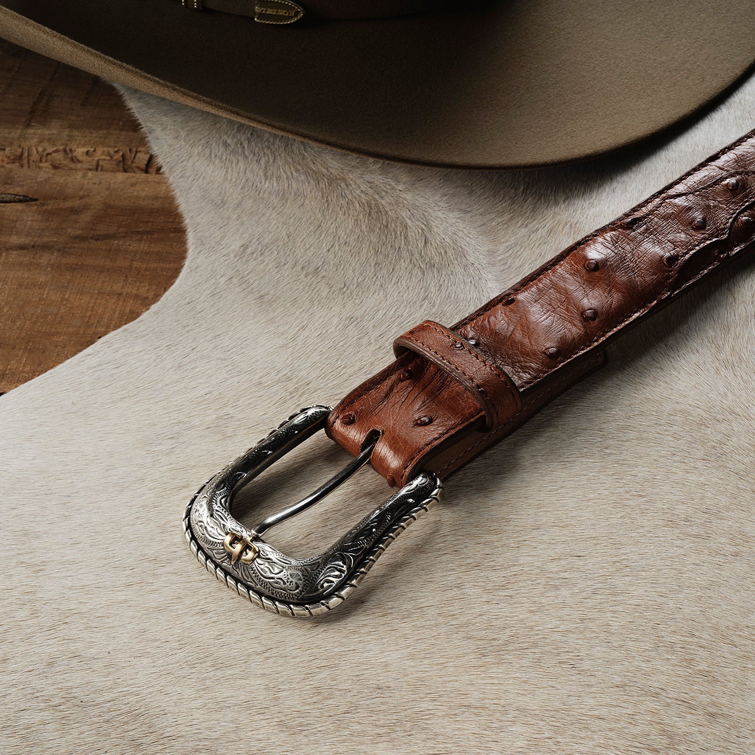 Ostrich Western Tab Belt Antique Cognac | Stetson Men