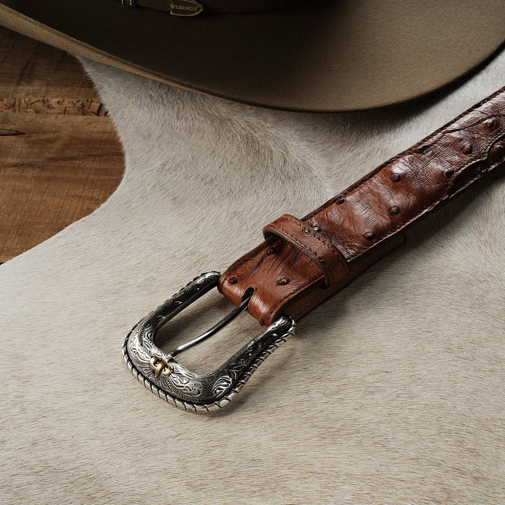 Ostrich Western Tab Belt Antique Cognac | Stetson Men